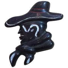 1930s Black Bakelite Cowboy Face in Profile Brooch Pin Fun Figural WESTERN