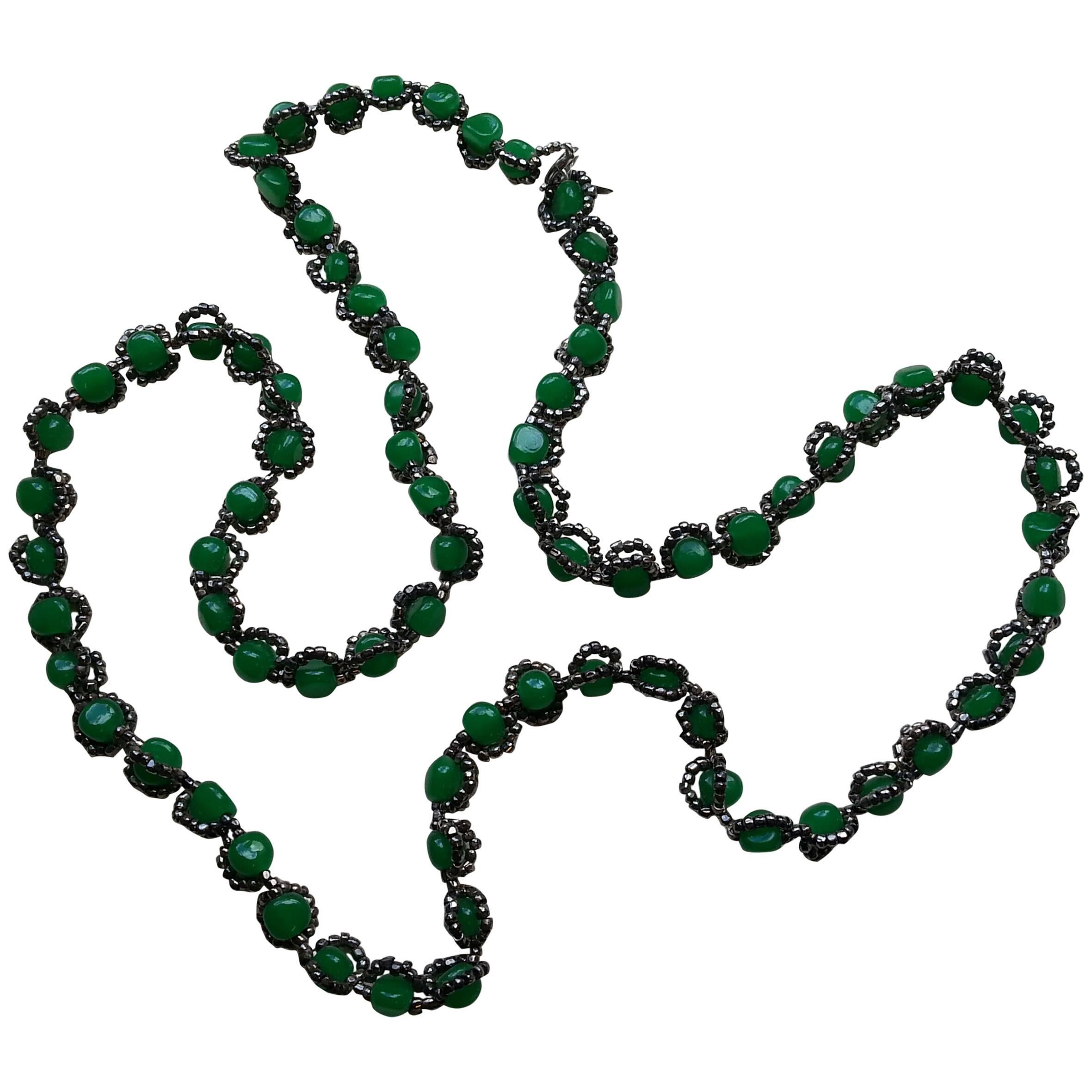 1970's William deLillo Faux Jade and Hematite Seed Bead Necklace For Sale