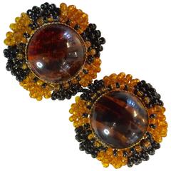 Vintage 1970s William deLillo Faux Amber and Jet Seed Bead Clip on Earrings