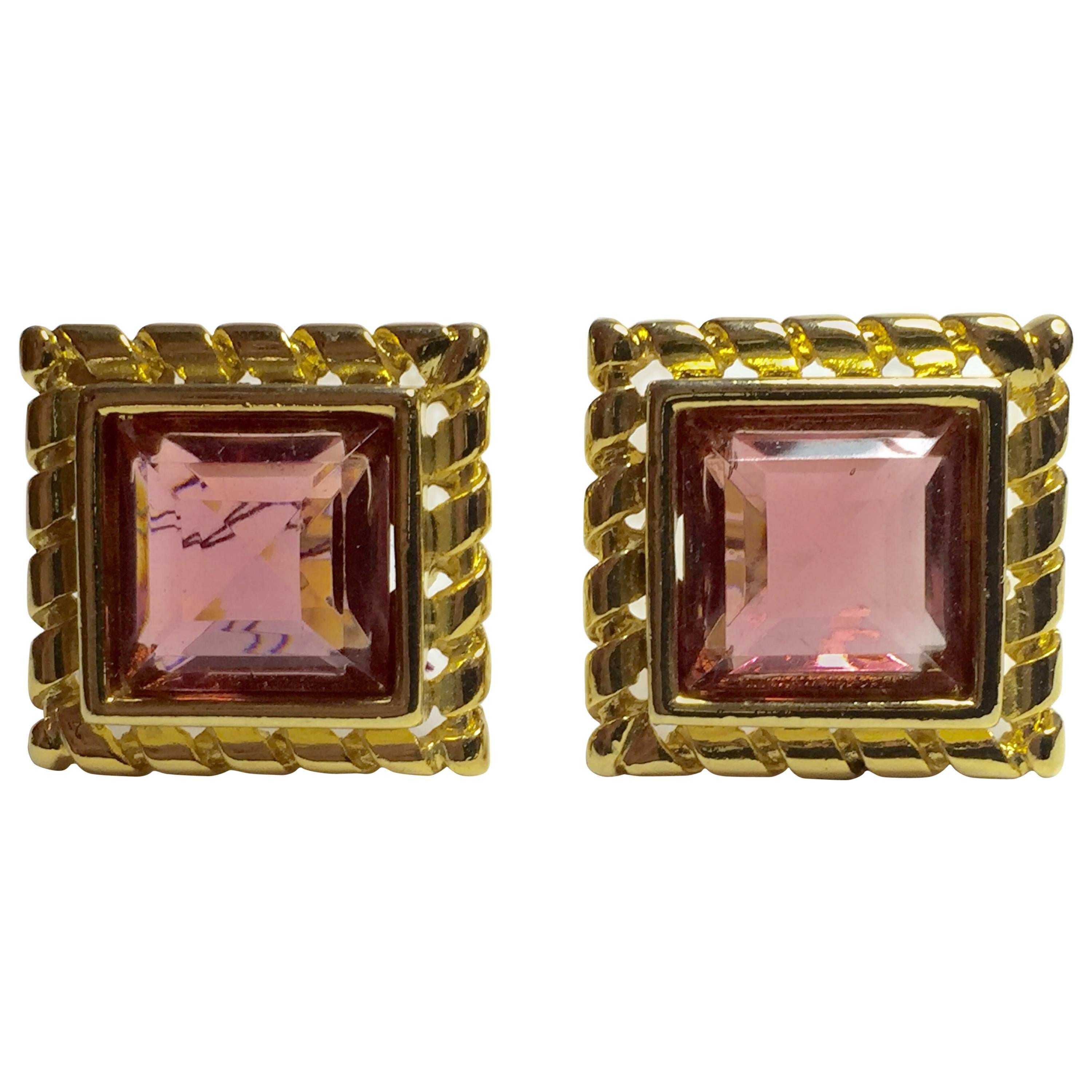 1980s GIVENCHY Square Faceted Pink Crystal Clip Earrings For Sale