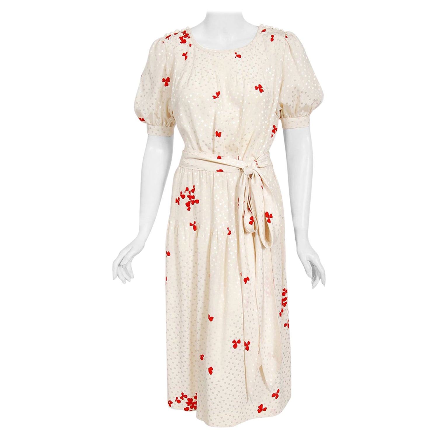 Vintage 1978 Yves Saint Laurent Haute Couture Ivory Red Print Silk Dress  and Shawl For Sale at 1stDibs