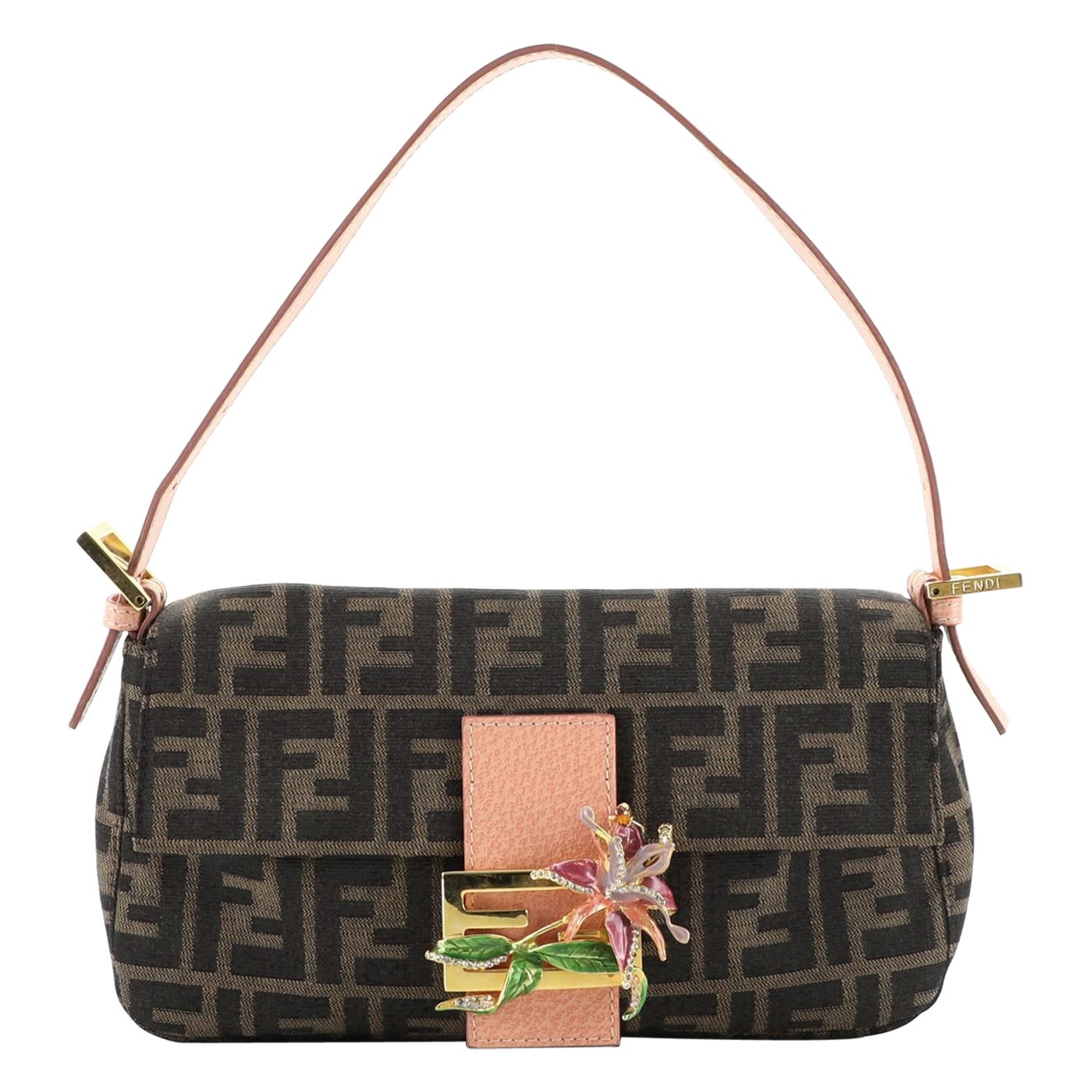 Fendi Baguette Bag Zucca Canvas with Crystal Flower Buckle