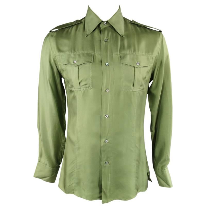 TOM FORD for GUCCI Men's Size L Green Silk Satin Military Epaulet Pockets Shirt