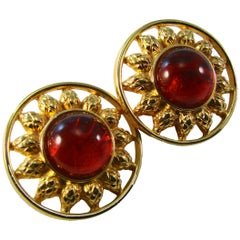 Fendi Earrings Red Glass Cabochon "Sun" Retro 1980s 