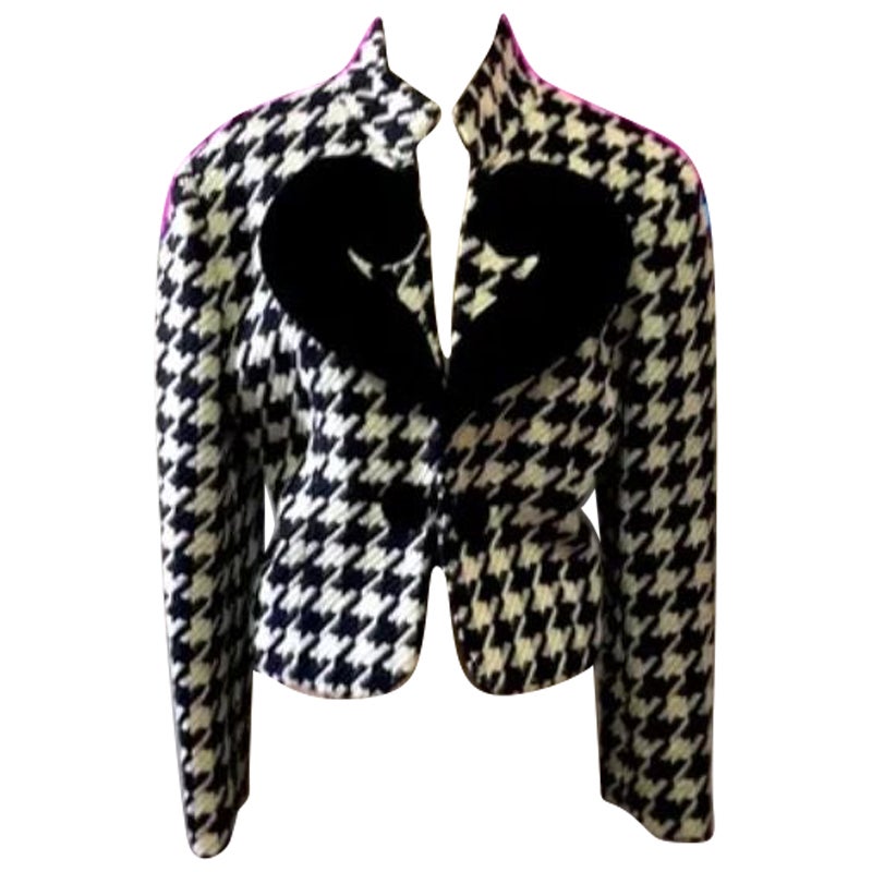 Moschino Black White Houndstooth Heart Question Mark Jacket For Sale