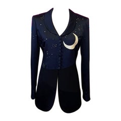 Vintage Moschino Cheap Chic Black Blue Satin Moon Stars Blazer