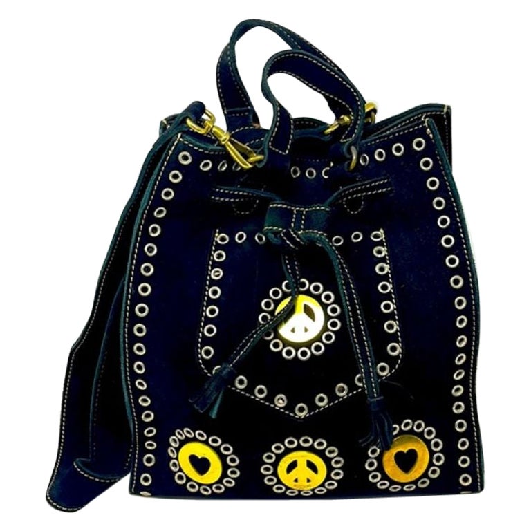 Moschino Black Suede Draw String Bag Grommets Hearts Peace Sign en vente