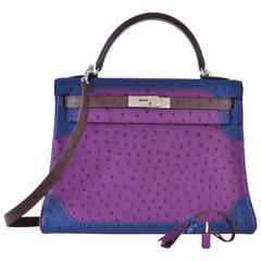 Hermes Kelly 32CM Tri-Color Ostrich Violine Blue De Malt Marron JaneFinds