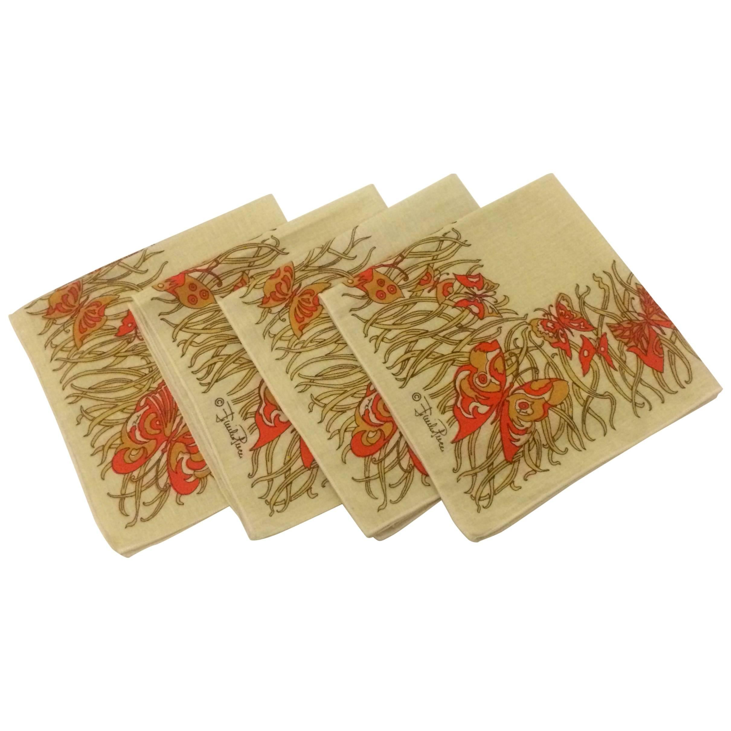 Emilio Pucci 1970s Cream and Orange Butterfly Print Cloth Napkins Set of Four