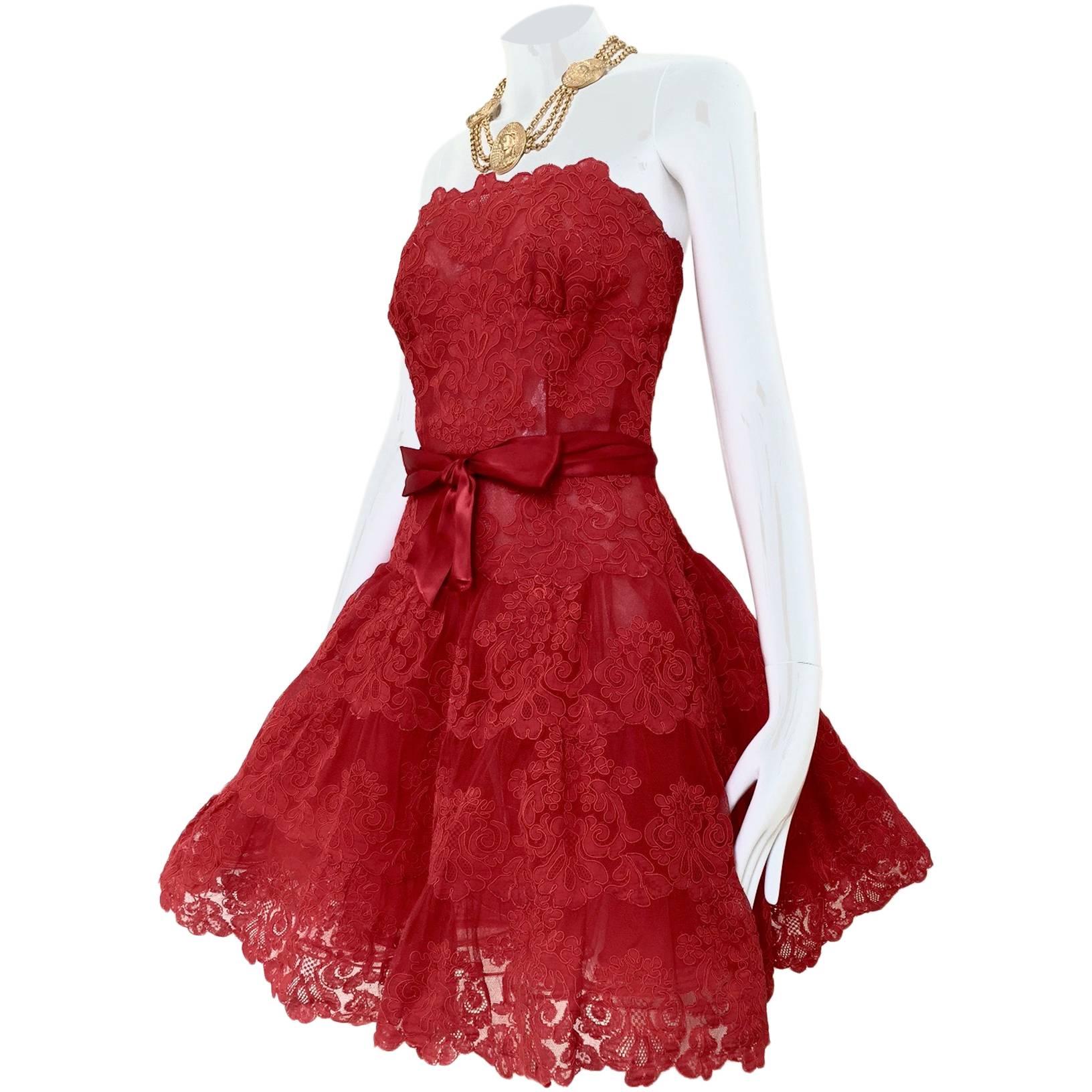 Vintage Vicky Tiel Couture Red Lace Strapless Party Dress