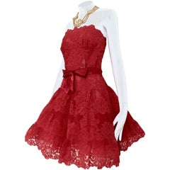 Vintage Vicky Tiel Couture Red Lace Strapless Party Dress