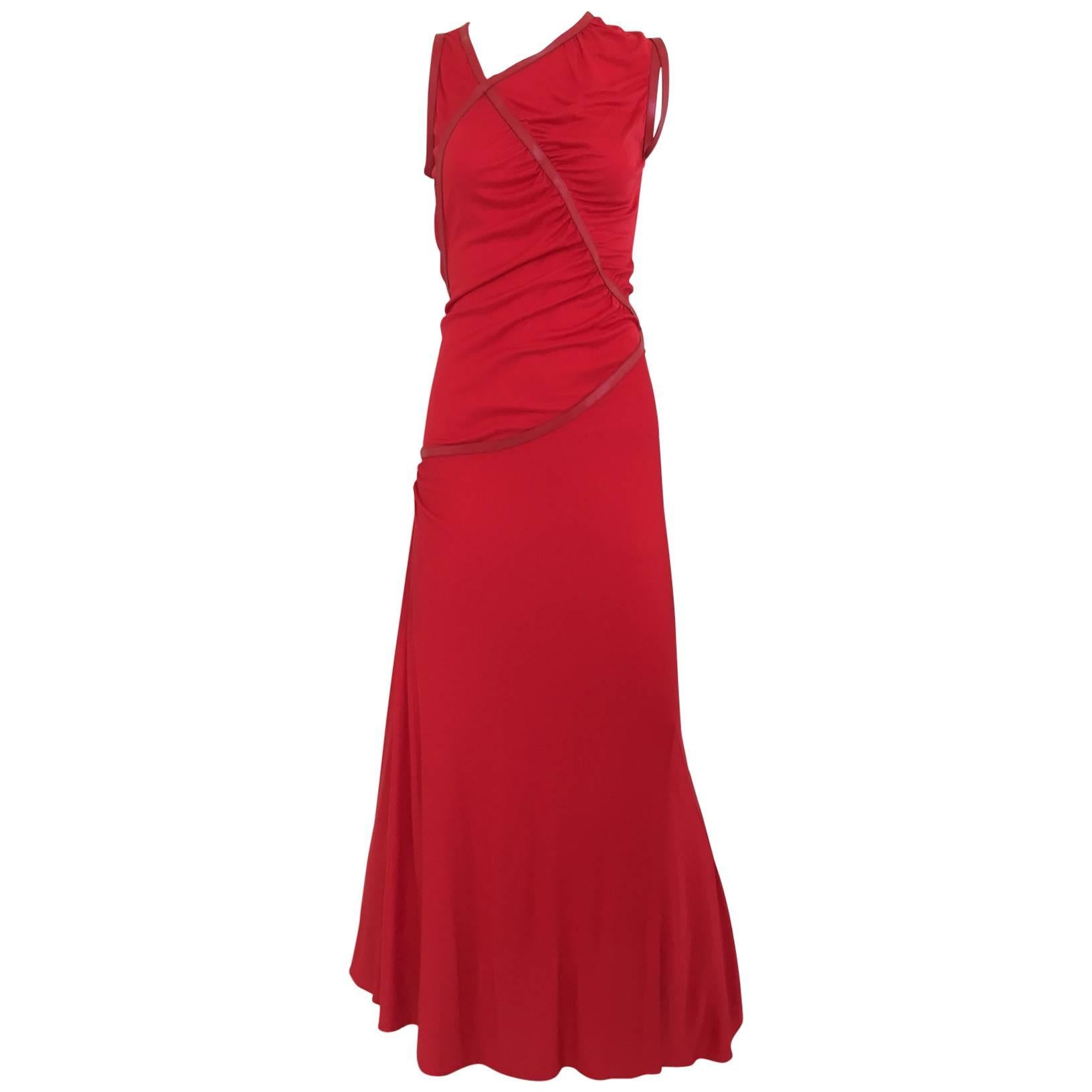 Sexy 2003 Alexander McQueen red jersey dress with leather trim