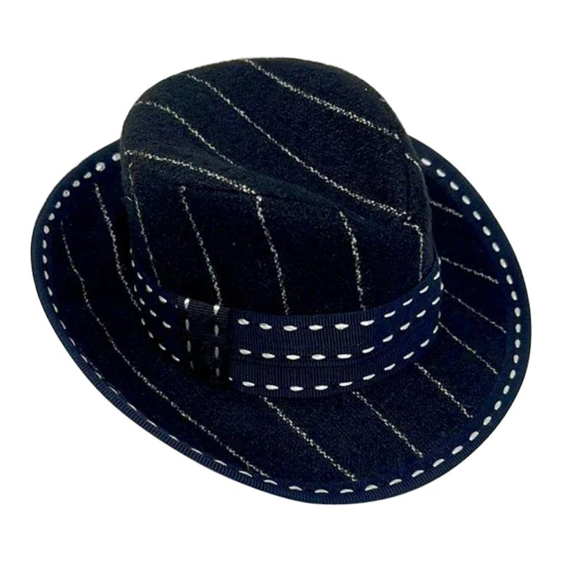 Moschino Couture Black Wool Striped Mini Fedora Hat NWT