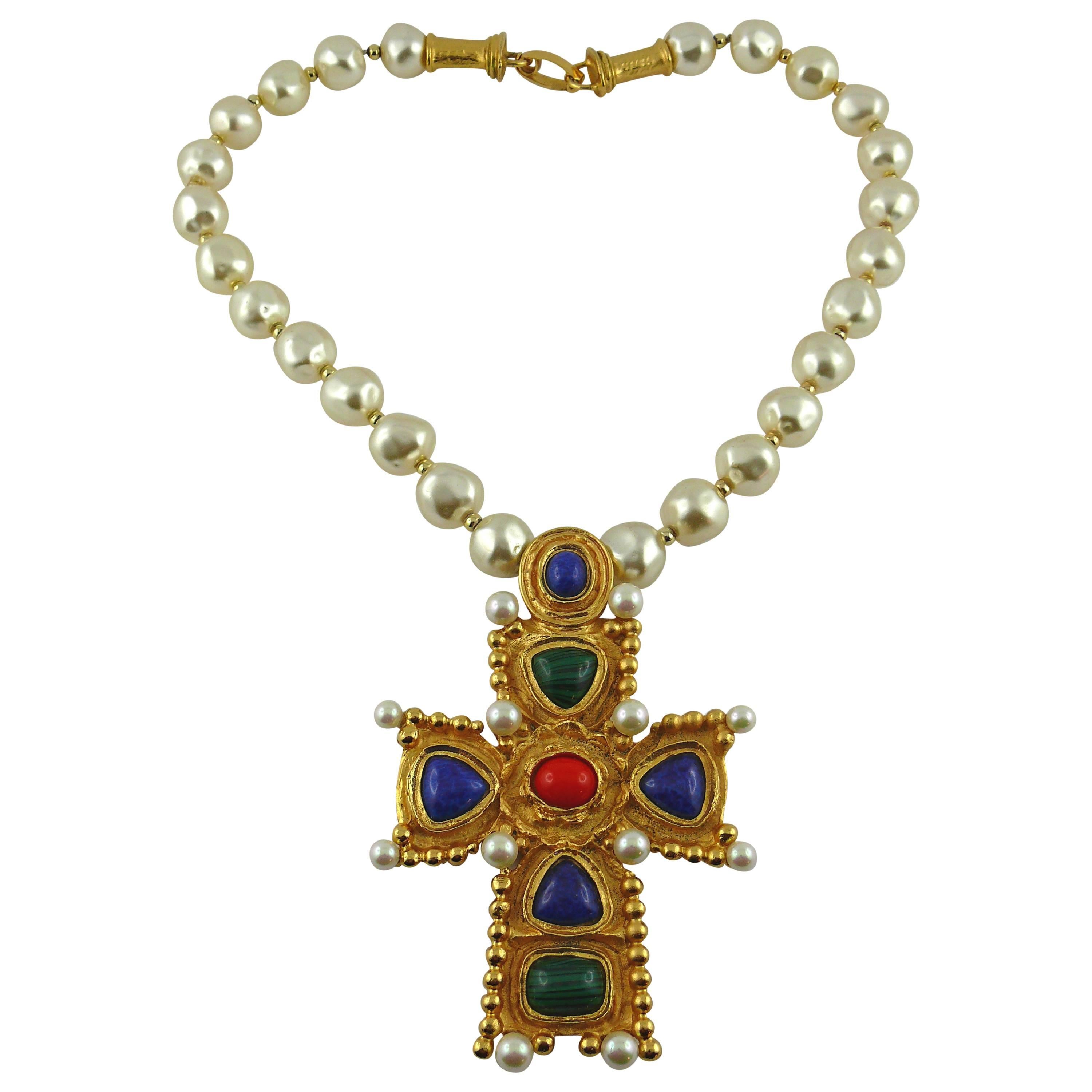 Christian Lacroix Vintage Byzantine Cross Pendant Pearl Necklace