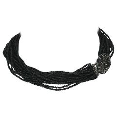 Christian Dior 1965 Multistrand Black Bead and Rhinestone Choker Necklace