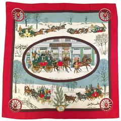 Vintage Hermes Red L'hiver en Poste Silk Twill Scarf by Phillippe Ledoux 