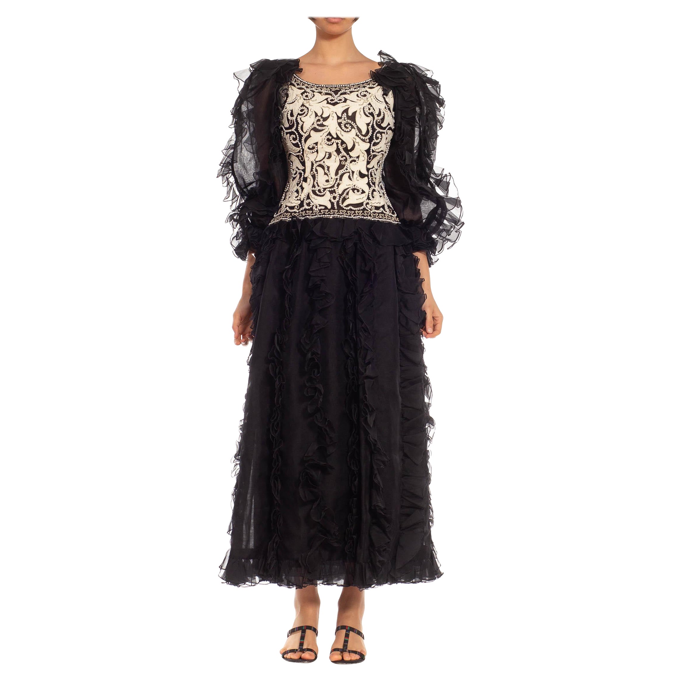 1980S OSCAR DE LA RENTA Black & White Silk Beaded Ruffle Gown With Giant Sleeves For Sale
