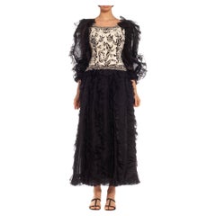Vintage 1980S OSCAR DE LA RENTA Black & White Silk Beaded Ruffle Gown With Giant Sleeves