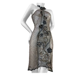 Torso Creations Smokey Quartz Embellished Halter Dress w/ Hand-Crochet Design
