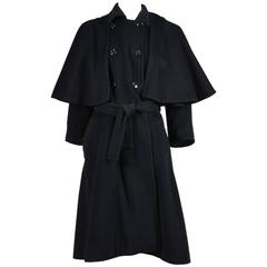 Vintage Saint Laurent Black Woolen Removable Cape Belted Trench Coat SZ 36