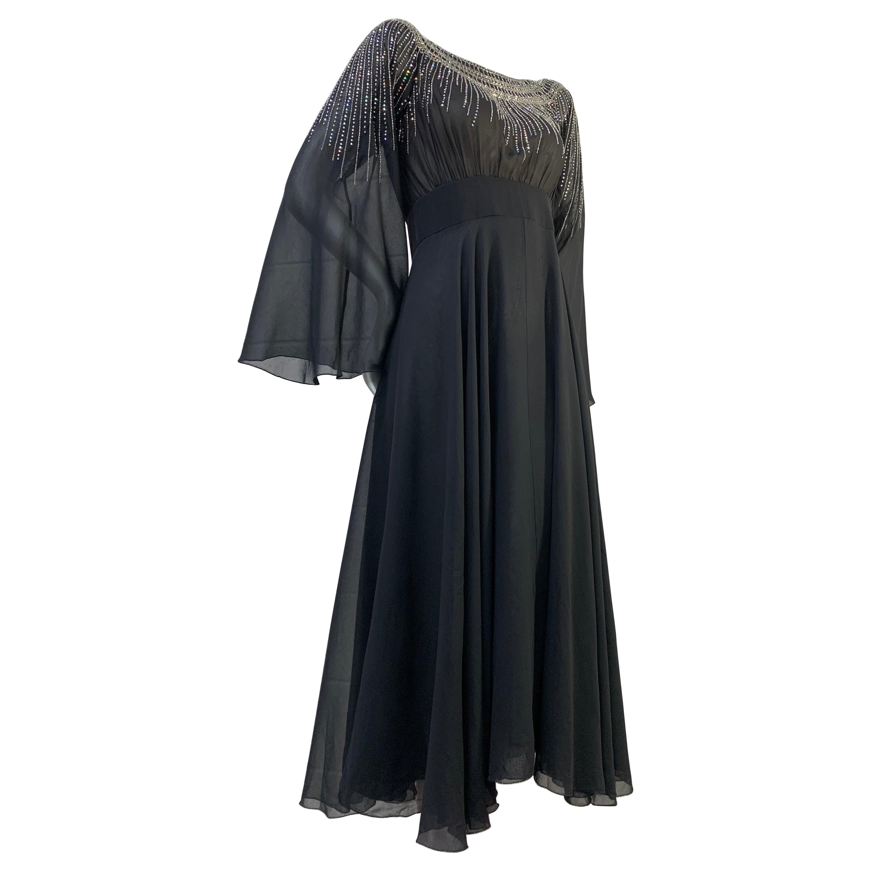 1970 Pauline Trigere Black Silk Chiffon 30s-Inspired Dress w/ Beaded Starburst For Sale