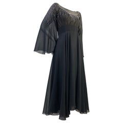 Vintage 1970 Pauline Trigere Black Silk Chiffon 30s-Inspired Dress w/ Beaded Starburst