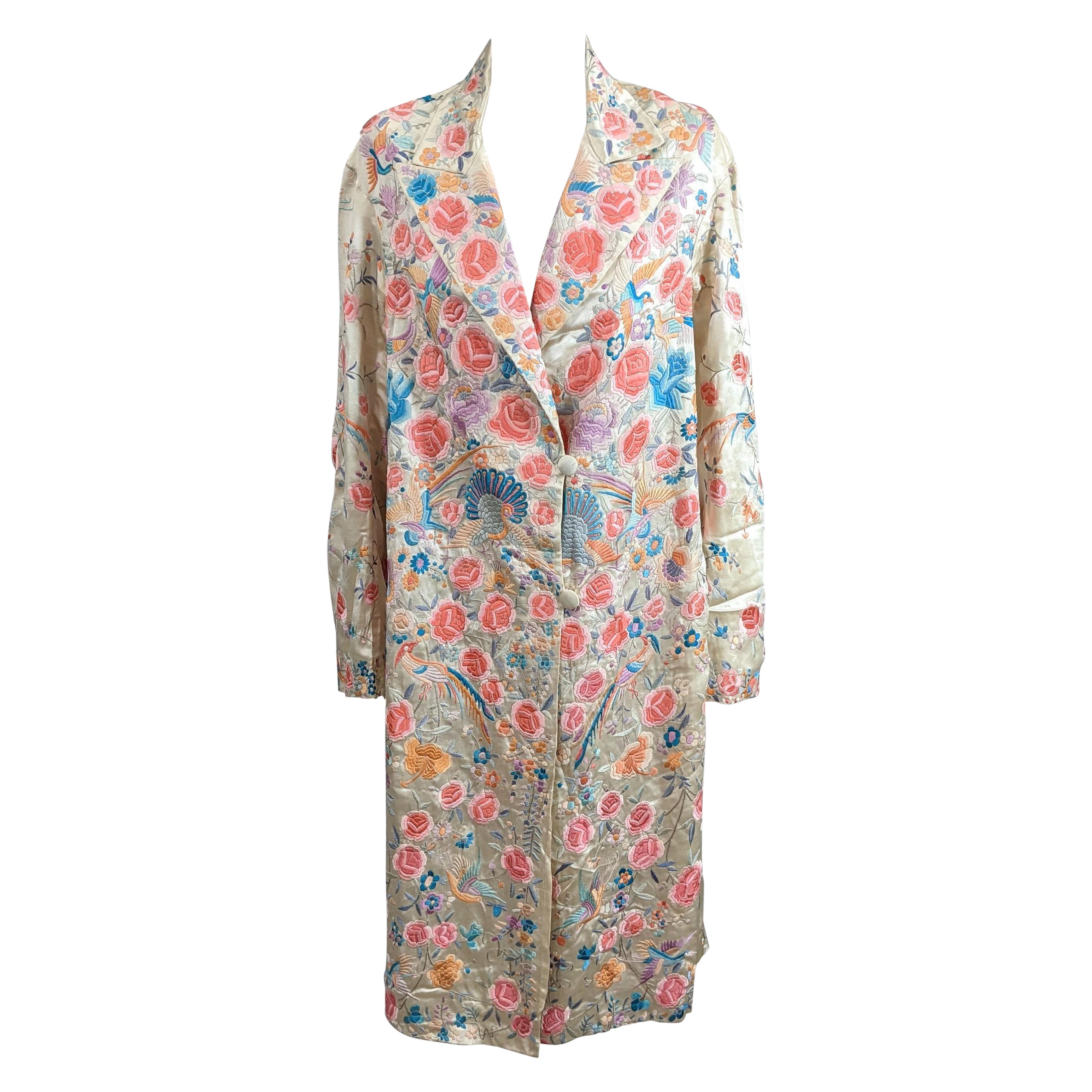 Chinese Art Deco Embroidered Peacock Coat For Sale
