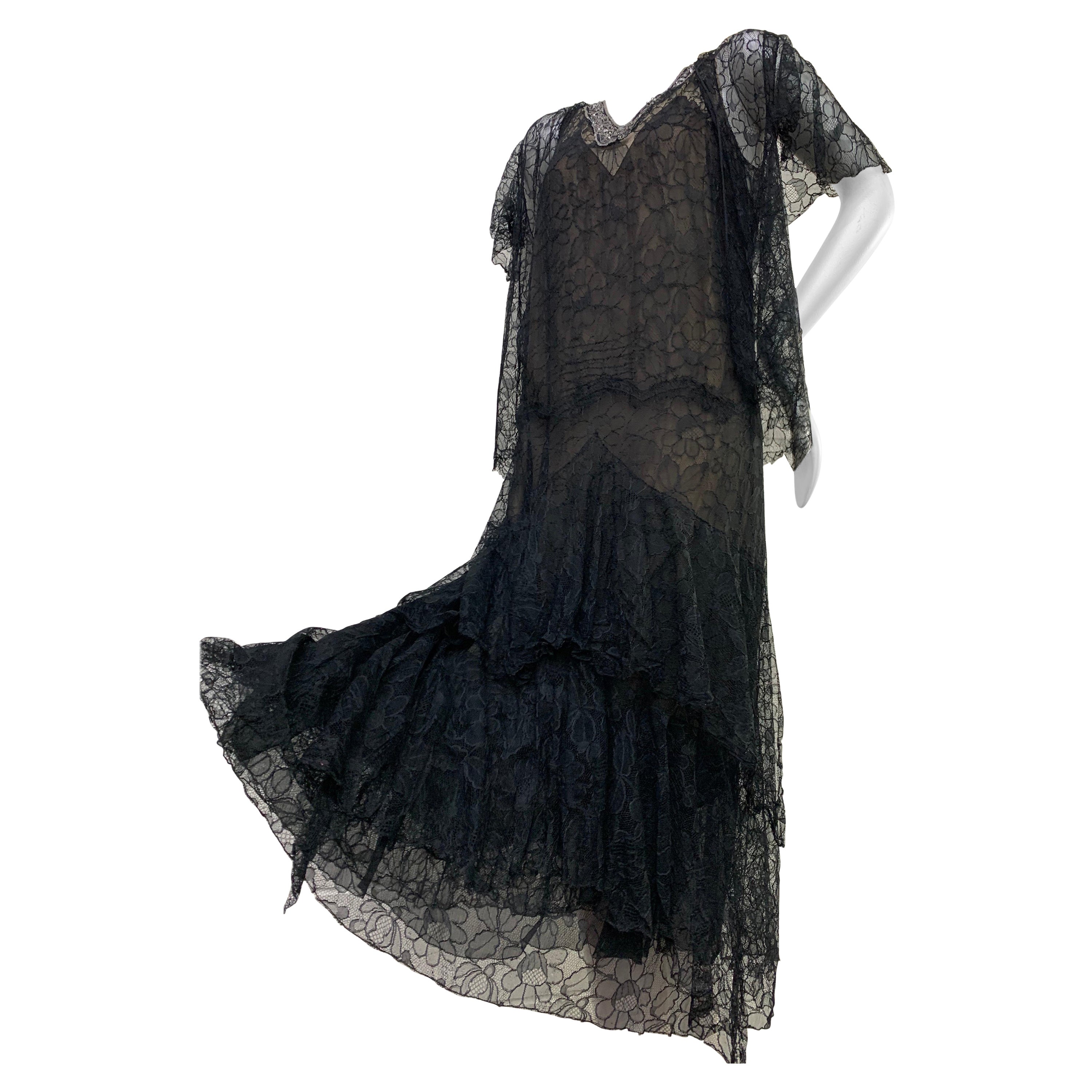 1920 Blackshire Exquisite French Beaded & Ruffled Lace Dress w/ Matching Jacket For Sale