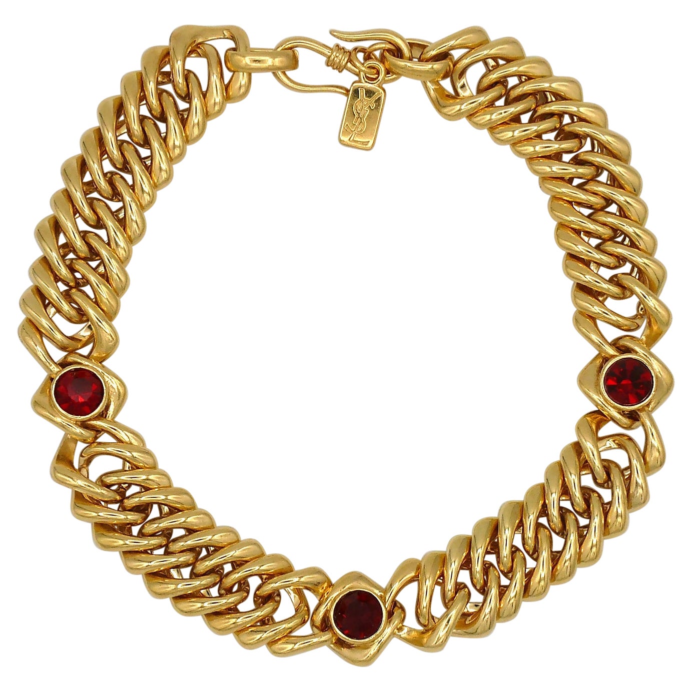 Yves Saint Laurent YSL Vintage Iconic Jewelled Gold Toned Curb Chain Necklace For Sale