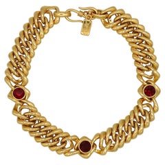 Yves Saint Laurent YSL Vintage Iconic Jewelled Gold Toned Curb Chain Necklace