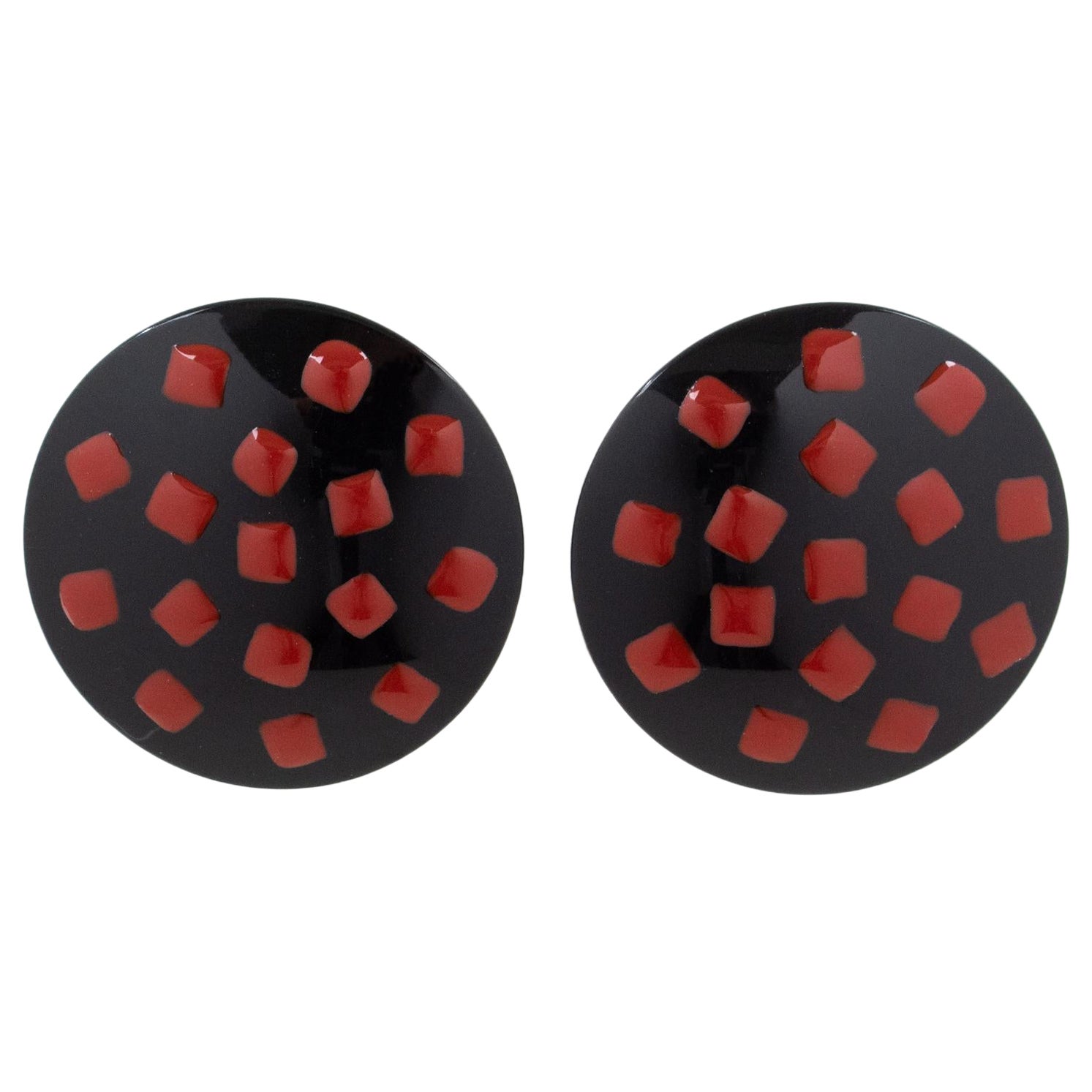 Missoni Italy Oversized Black Lucite Resin Clip Earrings with Red Dots For Sale