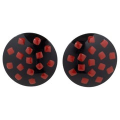 Vintage Missoni Italy Oversized Black Lucite Resin Clip Earrings with Red Dots