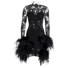 Vintage Galitzine Couture black lace and ostrich feather evening dress, c. 1980