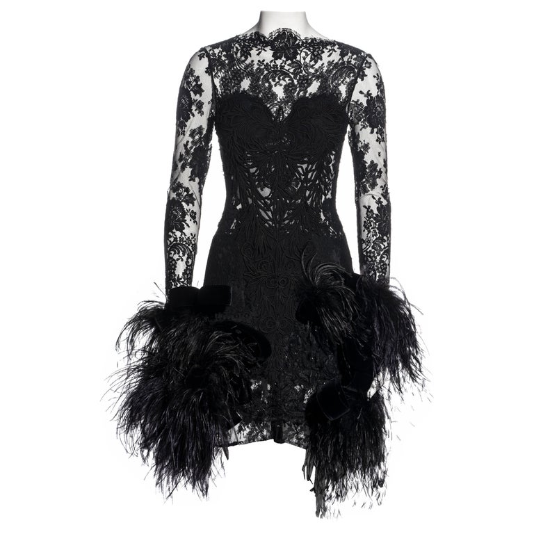 Galitzine Couture black lace and ostrich feather evening dress, c. 1980 For Sale