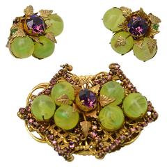 1960s Miriam Haskell Limoncello Patte de Verre and Amethyst Rhinestone Demi Paru 1