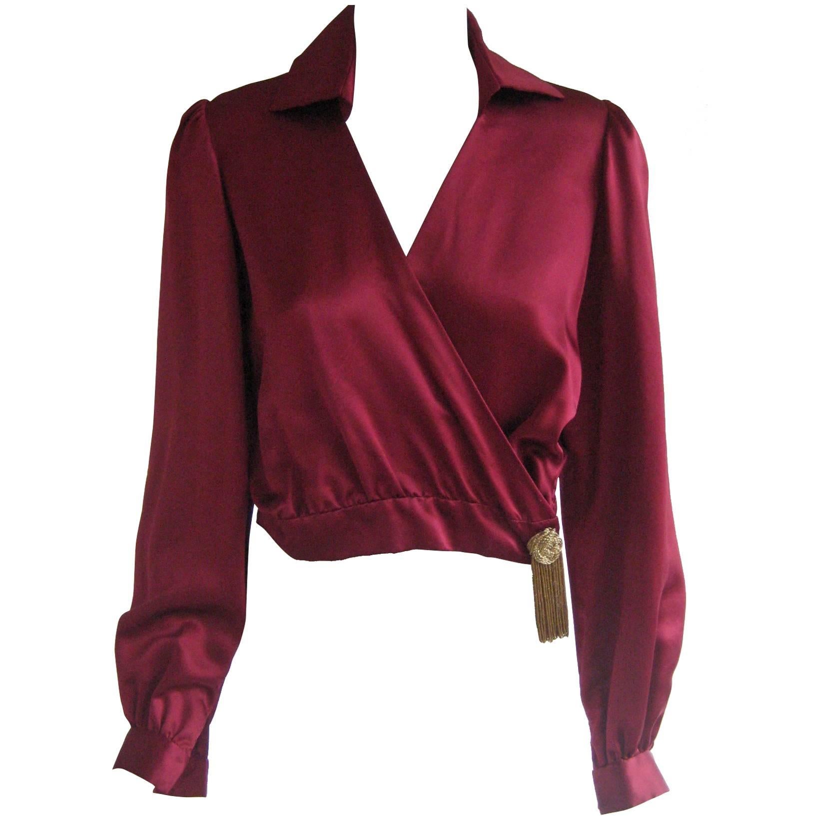 1970s Thea Porter Couture Satin Wrap Blouse with Gold  Lame Tassel
