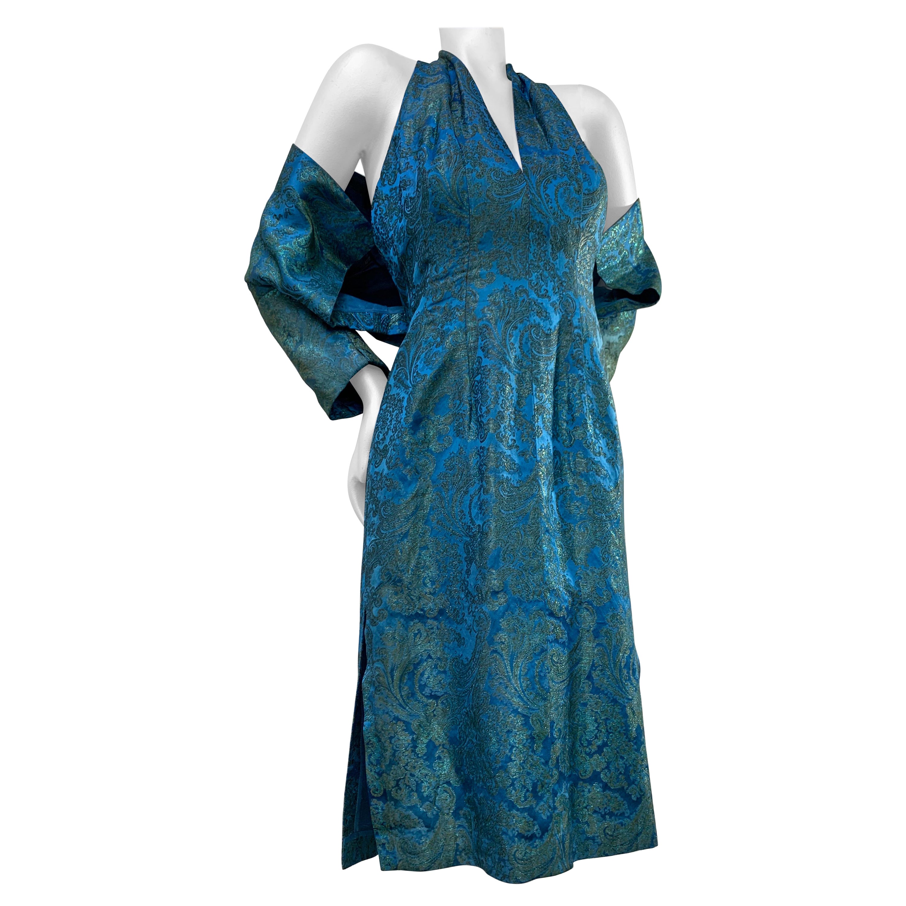 1950 Philip Hulitar Azure Silk Damask Halter Cocktail Dress & Jacket Ensemble