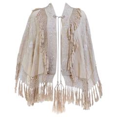 1920s Silk emroidered fringe cape shawl