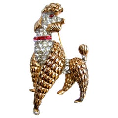 Antique Trifari Gilt Metal Crystal Encrusted Poodle Dog Brooch c 1960