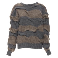 vintage ISSEY MIYAKE 1980s grey brown striped crinkled pullover sweater M