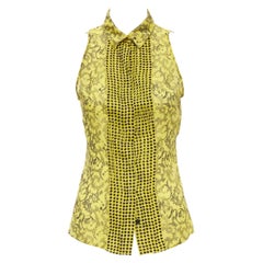 VERSACE yellow silk Baroque print polka dot pleated collar sleeveless shirt IT40