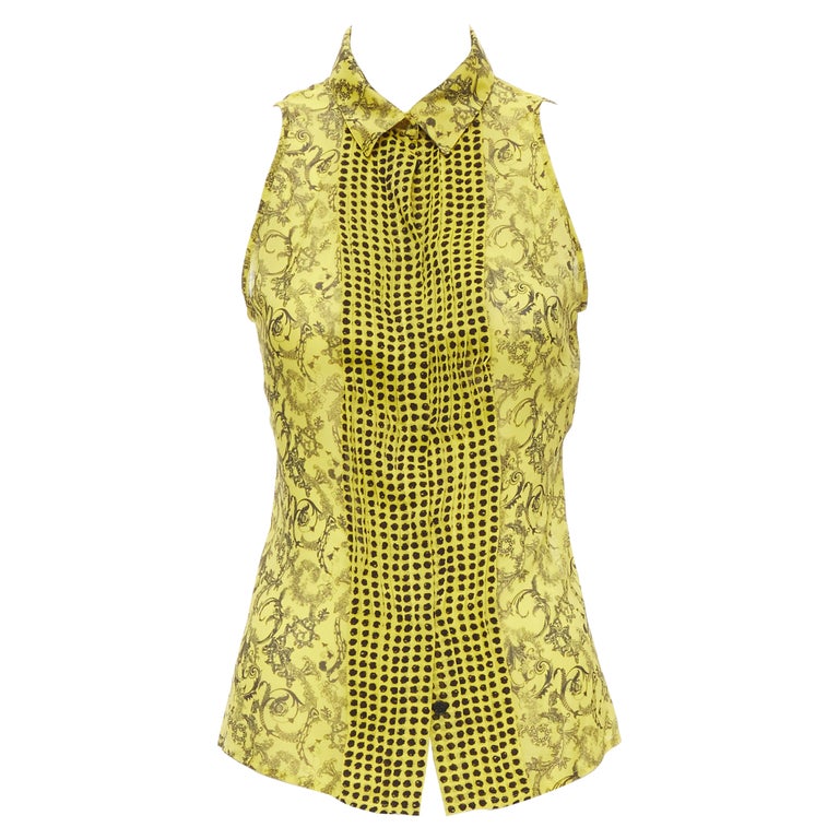 VERSACE yellow silk Baroque print polka dot pleated collar sleeveless ...