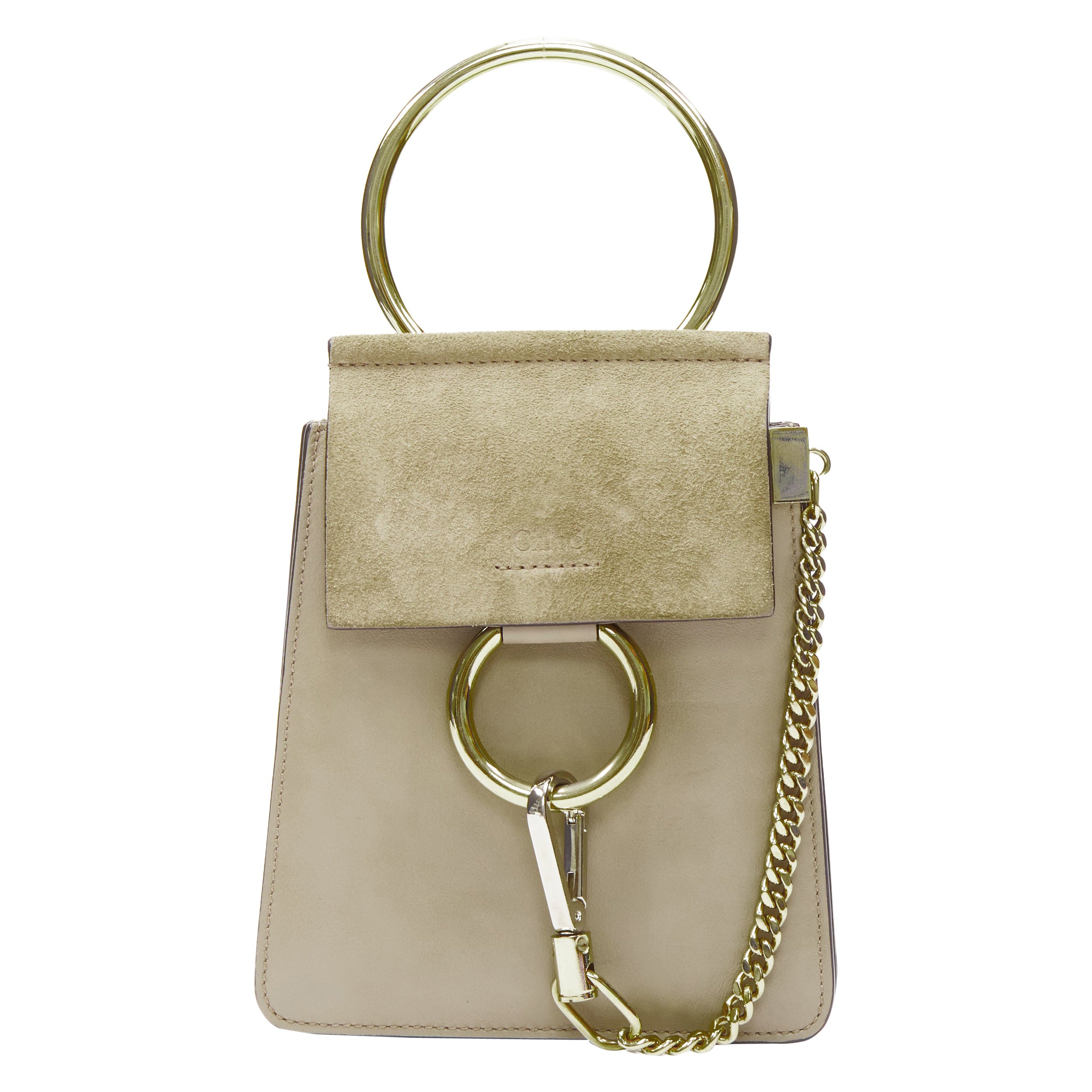 CHLOE Faye gold bangle bracelet ring chained crossbody grey suede leather bag For Sale