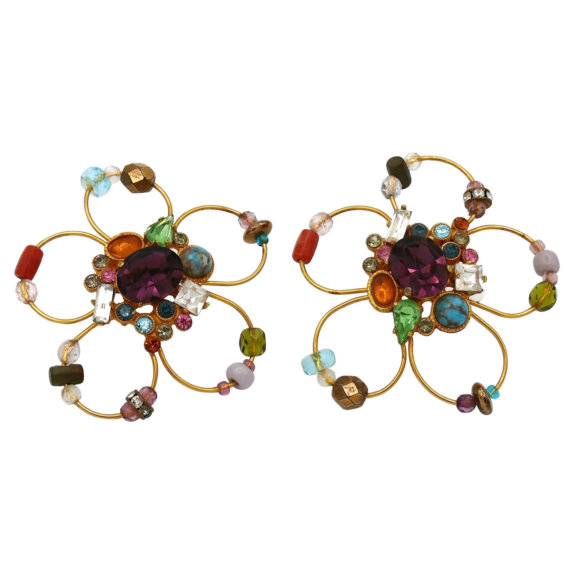 Christian Lacroix Vintage Jewelled Gold Toned Flower Clip-On Earrings For Sale