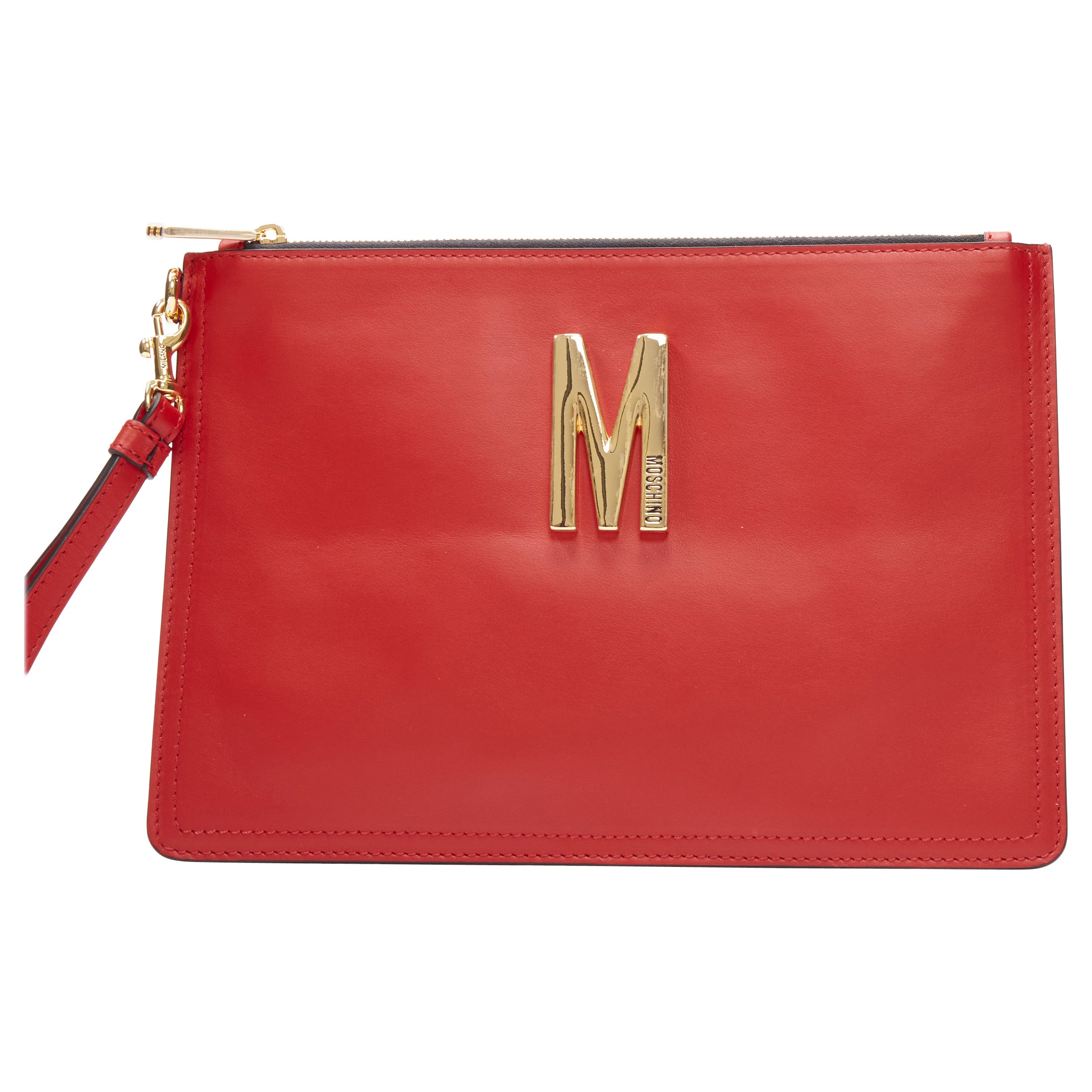 new MOSCHINO Couture! smooth red leather gold M top zip wristlet clutch bag For Sale