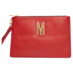 new MOSCHINO Couture! smooth red leather gold M top zip wristlet clutch bag