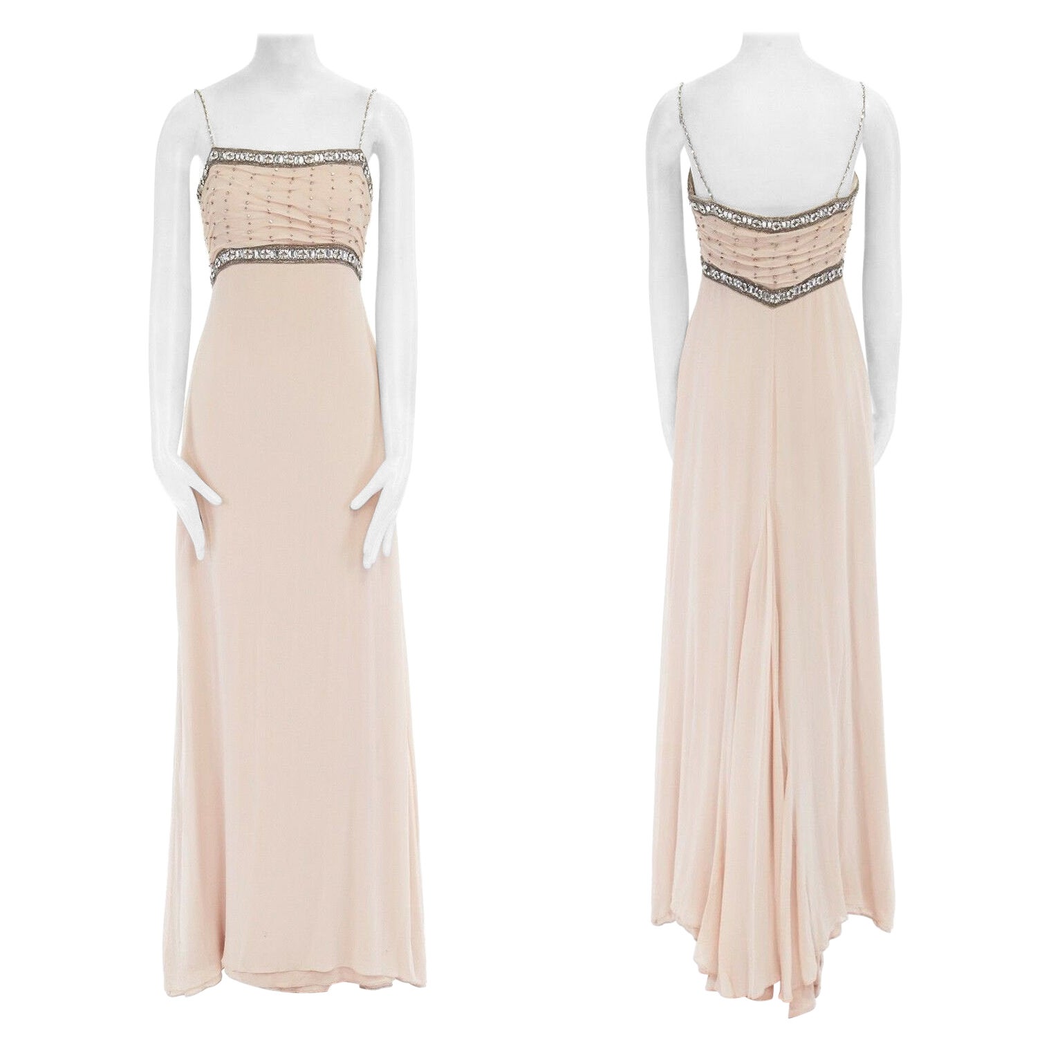 COLLETTE DINNIGAN blush pink silk crystal jewel embellished pleated bust gown S