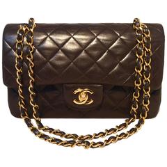 Chanel Black Brown Quilted Leather 9" Double Flap Classic 2.55
