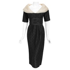 Vintage 1950's Oleg Cassini Black Embroidered Silk Cutwork Portrait-Collar Dress