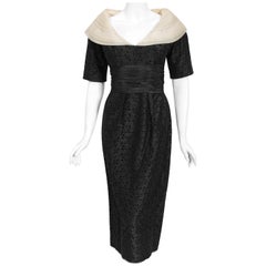 1950's Oleg Cassini Couture Black Embroidered Silk Cutwork Portrait-Collar Dress